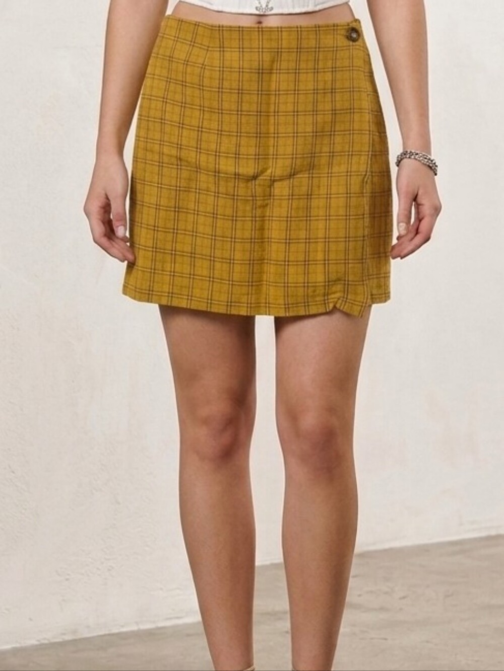 Yellow Plaid Wrap Mini Skirt - Women
